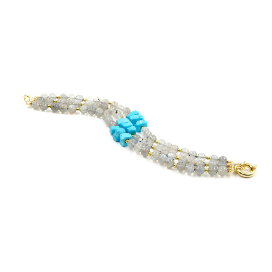 Bracciale Multifilo con labradorite, turchese, chiusura in argento 925 – Dorato