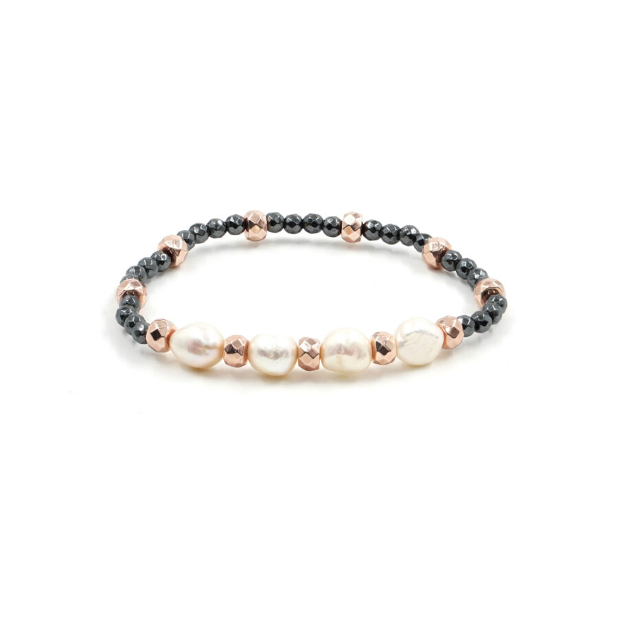 Bracciale Elastico con perla, ematite nera e rosata