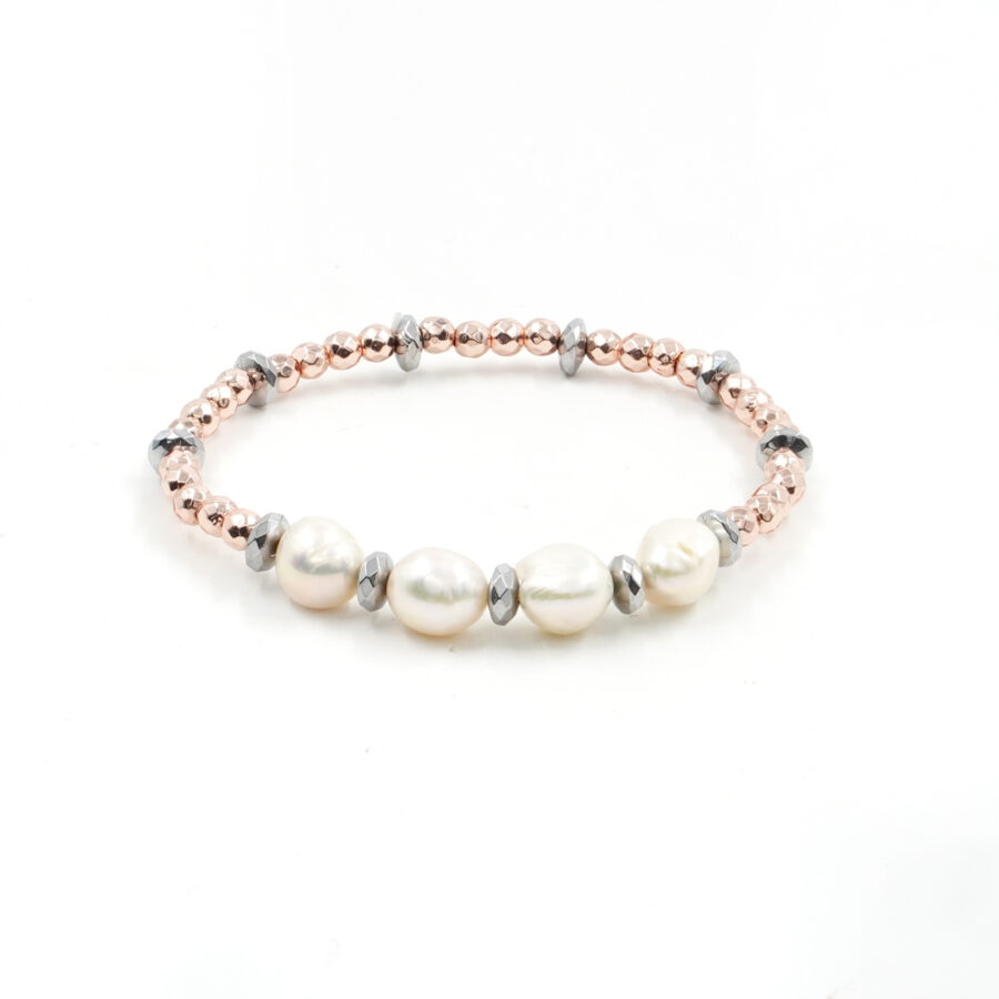 Bracciale Elastico con perla, ematite silver e rosata