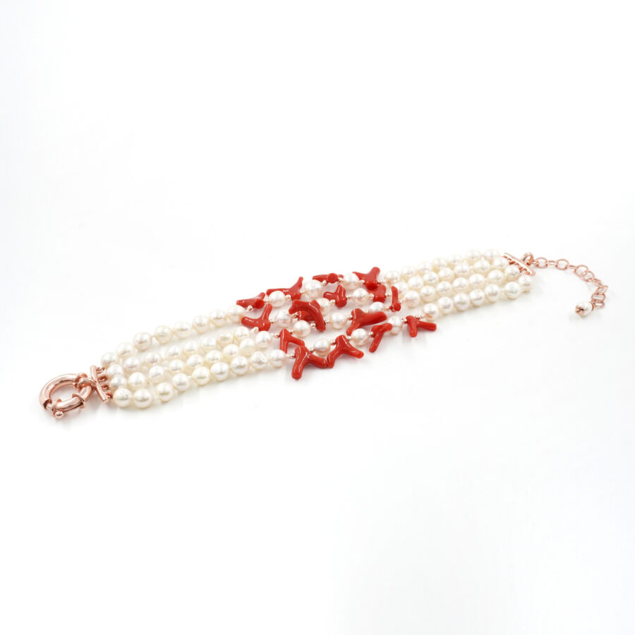 Bracciale Multifilo con perla, rami di corallo, chiusura in argento 925 – Rosato