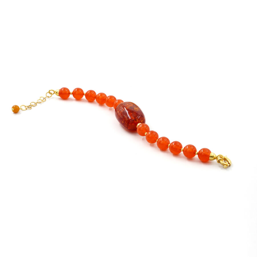 Bracciale con giada arancio tinta, ambra, ematite, chiusura in argento 925 - Dorato