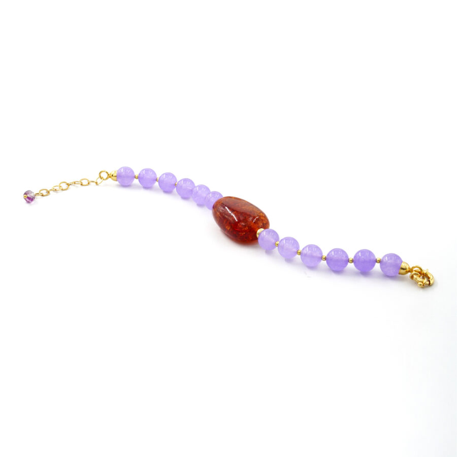 Bracciale con giada viola tinta, ambra, ematite, chiusura in argento 925 - Dorato