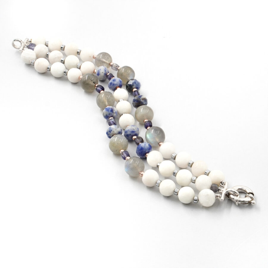 Bracciale Multifilo con pietra di luna bianca, labradorite, iolite, sodalite, ematite, chiusura in argento 925 – Rodiato