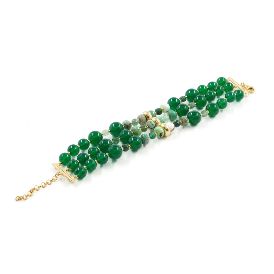 Bracciale Multifilo con agata green grass, agata verde, ematite, quarzo verde, chiusura in argento 925 - Dorato