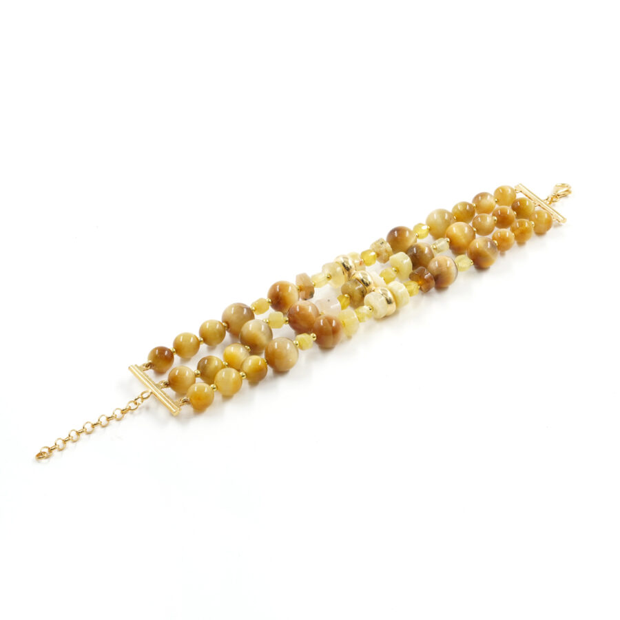 Bracciale Multifilo con opale giallo, occhio di tigre dorato, ematite, chiusura in argento 925 - Dorato