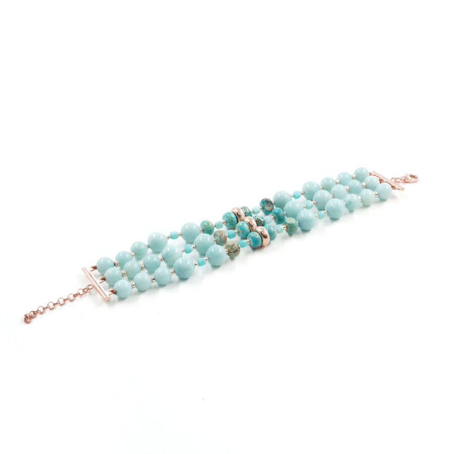 Bracciale Multifilo con diaspro imperiale, amazzonite, ematite, chiusura in argento 925 - Rosato