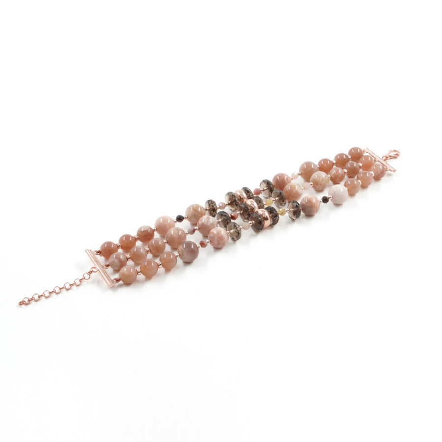 Bracciale Multifilo con quarzo fumè, pietra del sole, ematite, agata multicolore, chiusura in argento 925 - Rosato