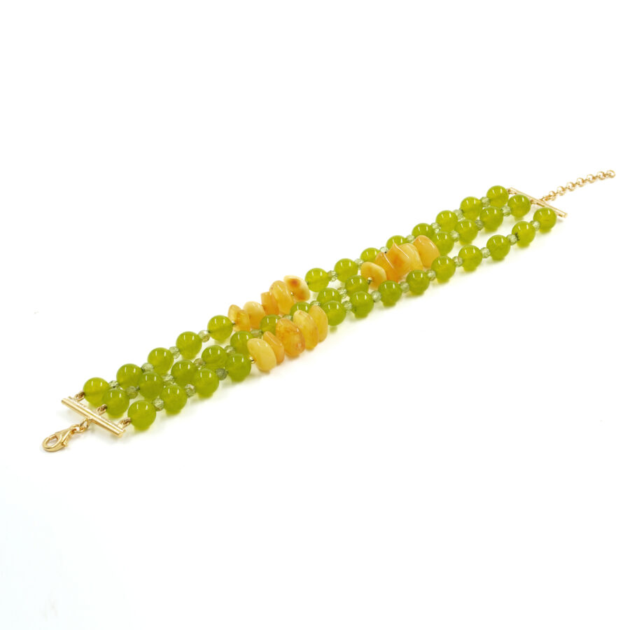 Bracciale Multifilo con giada tinta verde, ambra gialla, ematite, peridoto, chiusura in argento 925 – Dorato