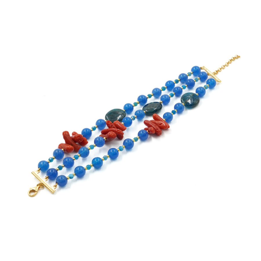 Bracciale Multifilo con agata blu, corallo, apatite, ematite, chiusura in argento 925 - Dorato