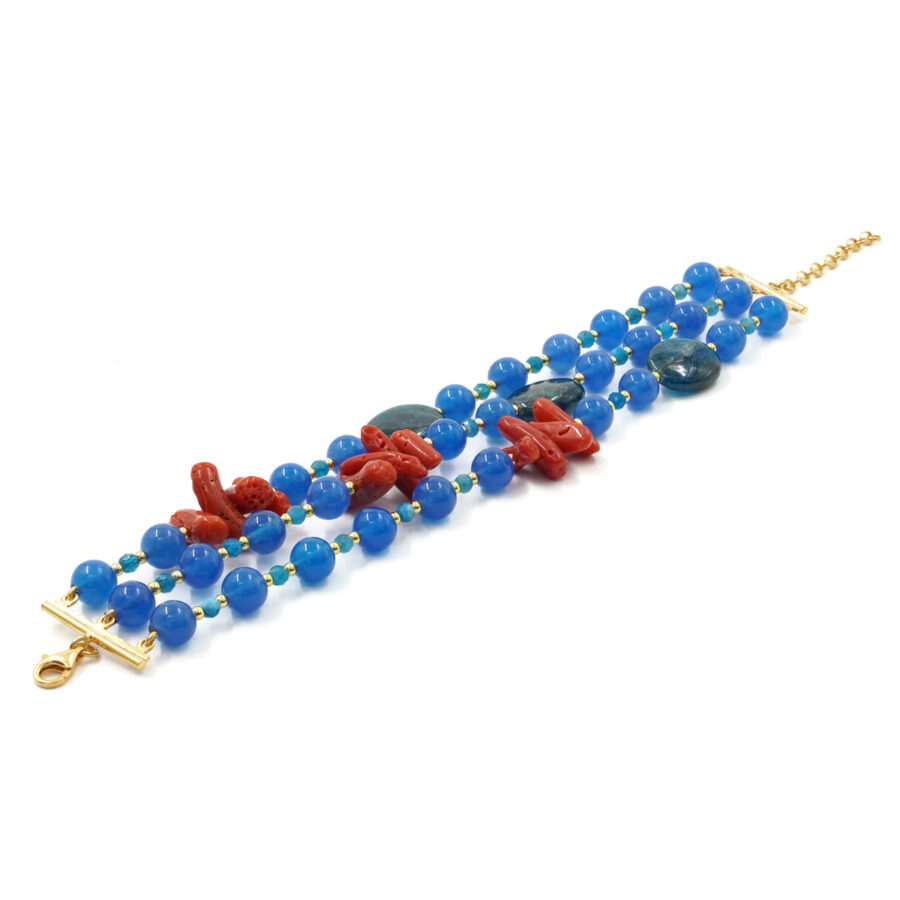 Bracciale Multifilo con agata blu, corallo, apatite, ematite, chiusura in argento 925 - Dorato - immagine 2