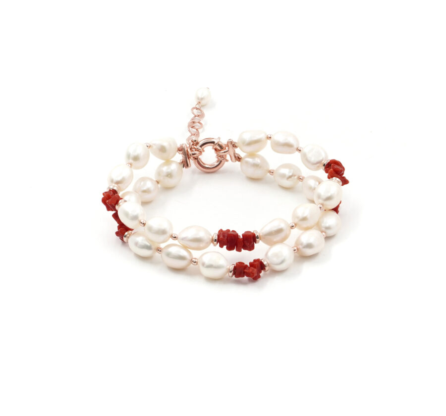Bracciale Multifilo con perla, corallo, ematite, chiusura in argento 925 – Rosato