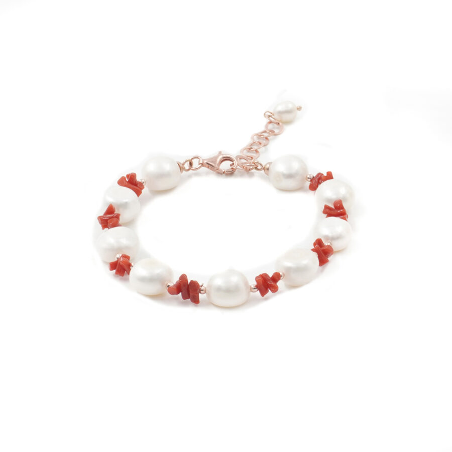 Bracciale con perla, corallo, ematite, chiusura in argento 925 – Rosato