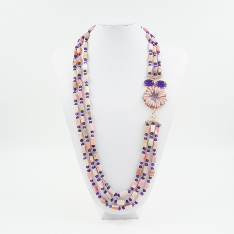 Collana Multifilo con opale rosa, ametista, ematite, fiore di pietra dura, chiusura in argento 925 - Rosato