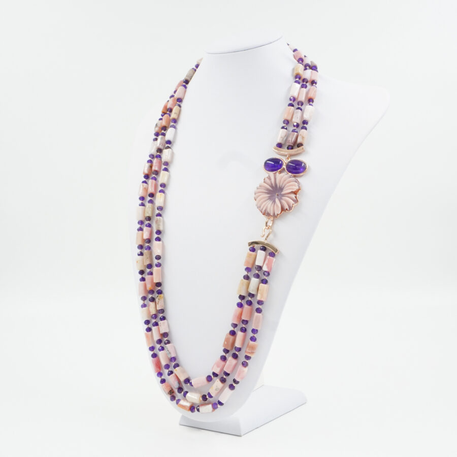 Collana Multifilo con opale rosa, ametista, ematite, fiore di pietra dura, chiusura in argento 925 - Rosato - immagine 2