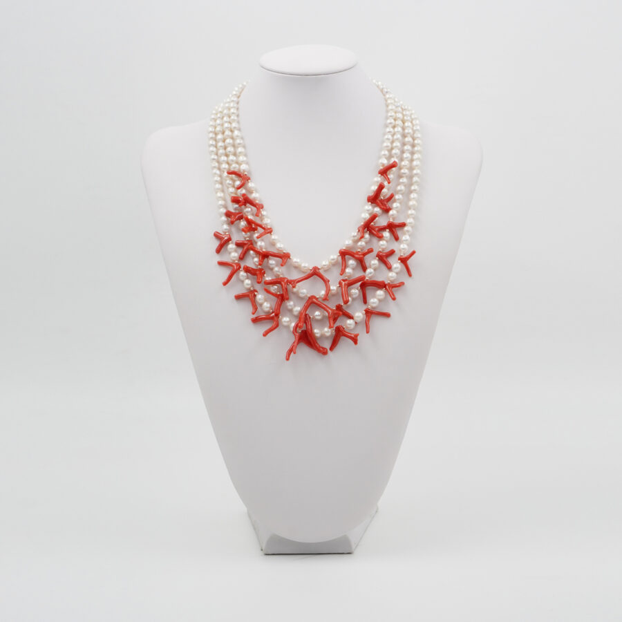 Collana Multifilo con perla, rami di corallo, chiusura in argento 925 – Rosato - immagine 2