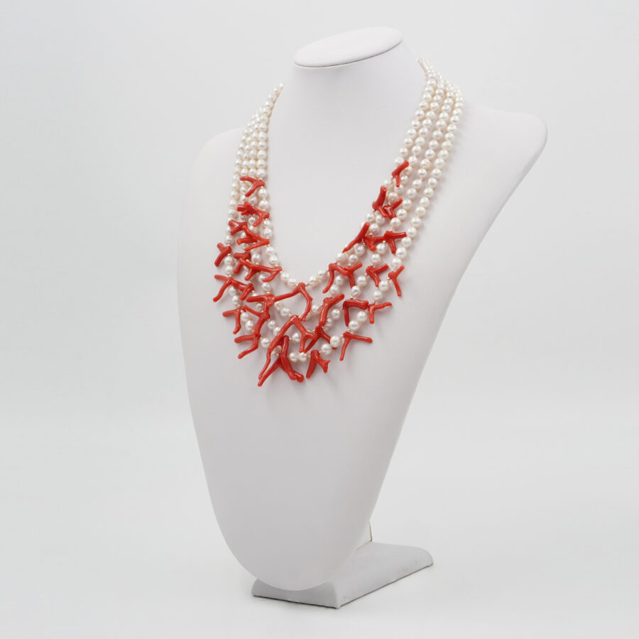 Collana Multifilo con perla, rami di corallo, chiusura in argento 925 – Rosato