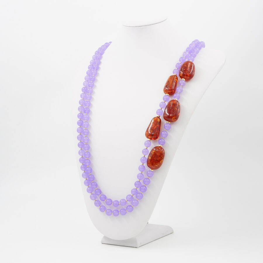 Collana Multifilo con giada viola tinta, ambra, ematite, chiusura in argento 925 - Dorato