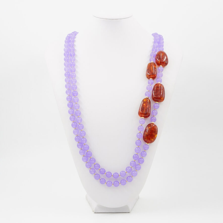 Collana Multifilo con giada viola tinta, ambra, ematite, chiusura in argento 925 - Dorato - immagine 2