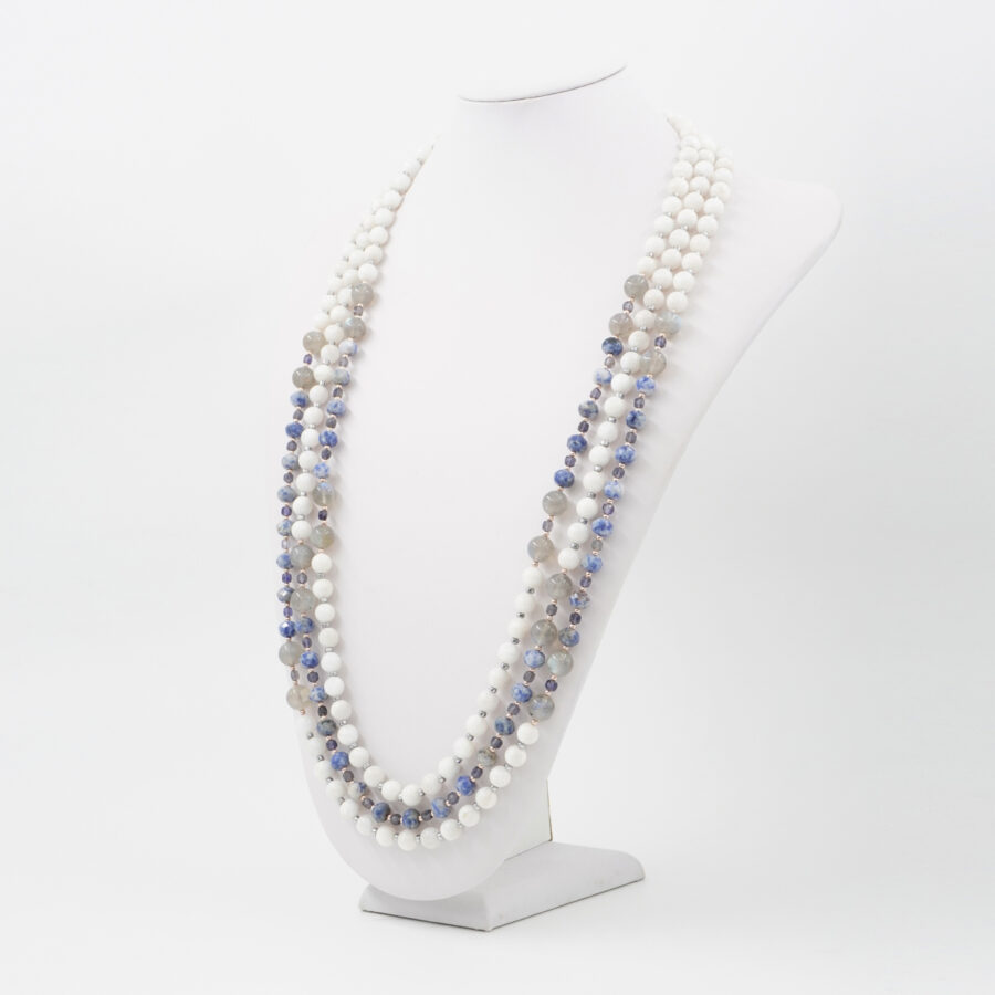 Collana Multifilo con pietra di luna bianca, labradorite, iolite, sodalite, ematite, chiusura in argento 925 – Rodiato - immagine 3