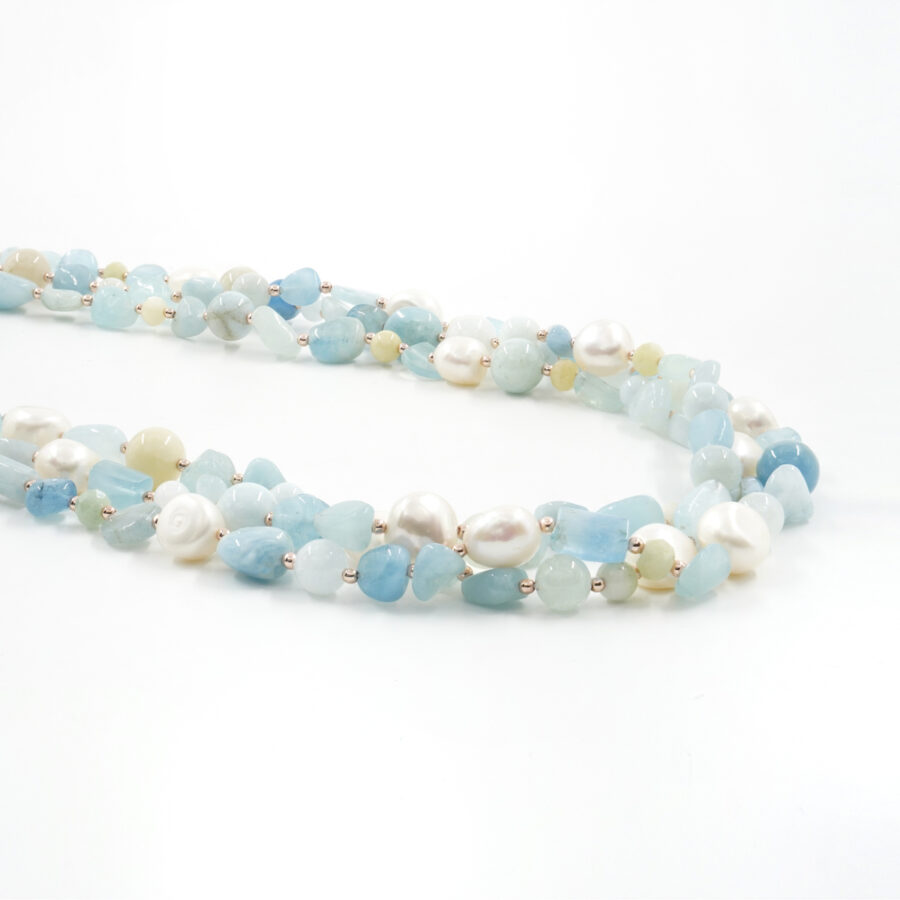 Collana Multifilo con acquamarina, ematite, perla, chiusura in argento 925 – Rosato