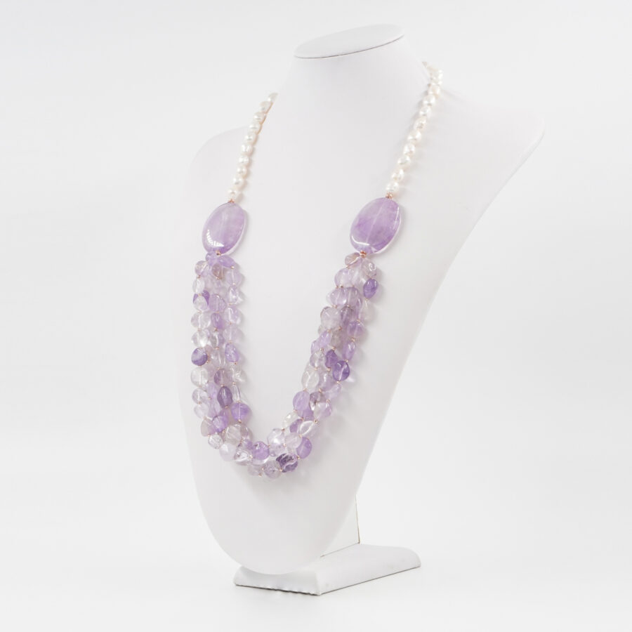Collana Multifilo con ametista, perla, chiusura in argento 925 - Rosato