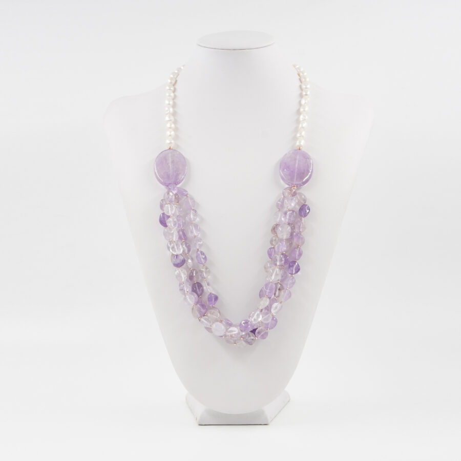 Collana Multifilo con ametista, perla, chiusura in argento 925 - Rosato - immagine 2