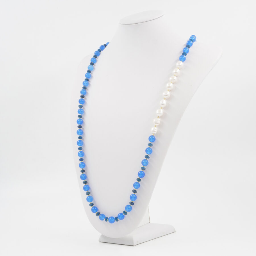 Collana con giada tinta blu, apatite, ematite, perla, chiusura in argento 925 - Dorato - immagine 2