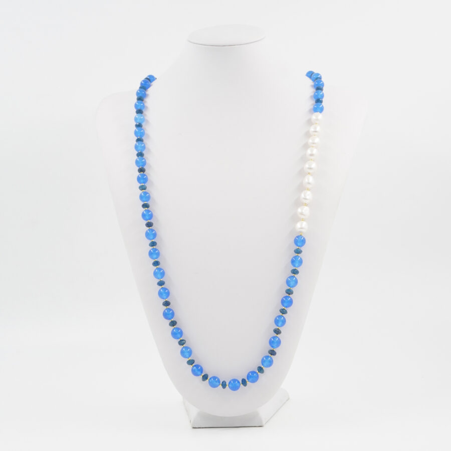 Collana con giada tinta blu, apatite, ematite, perla, chiusura in argento 925 - Dorato - immagine 3