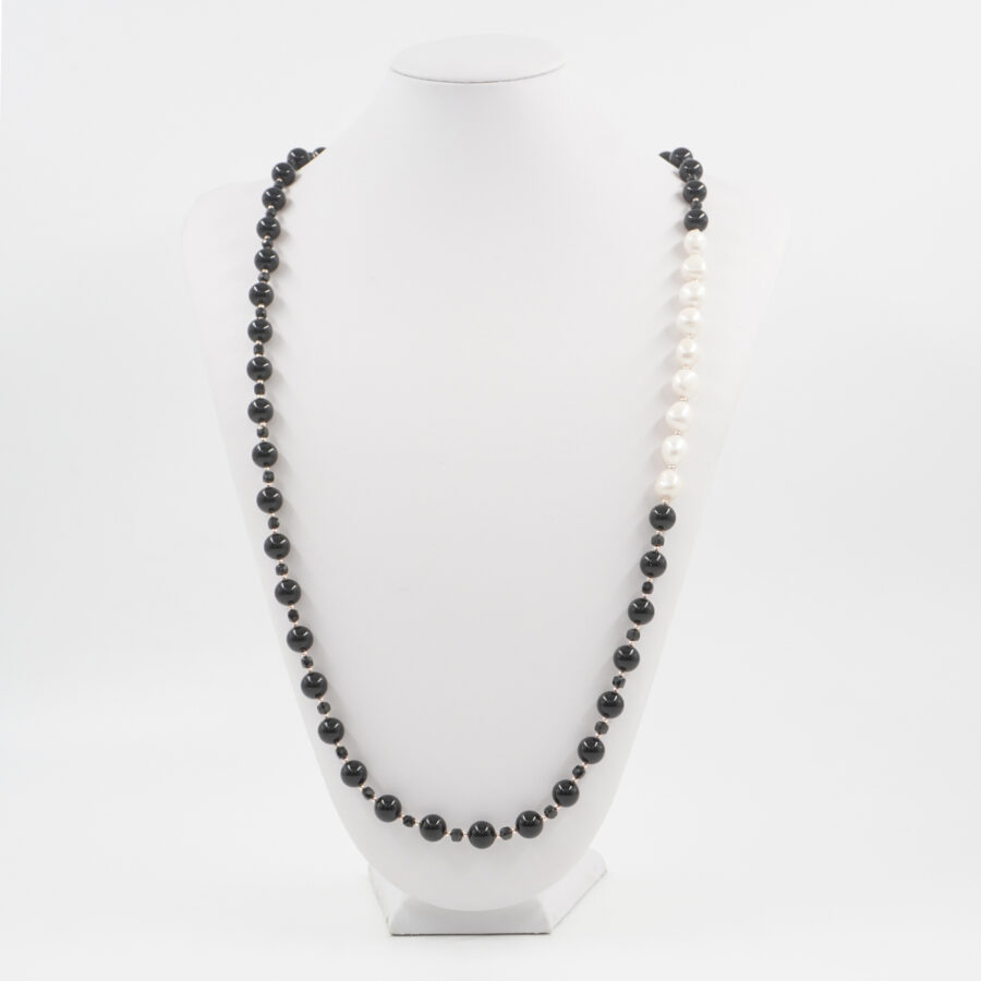 Collana con agata nera, spinello nero, ematite, perla, chiusura in argento 925 - Rosato - immagine 3