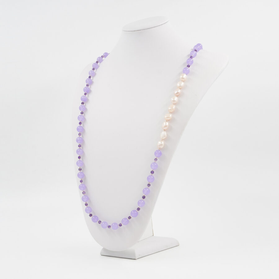 Collana con giada tinta viola, ametista, ematite, perla, chiusura in argento 925 - Rosato - immagine 2