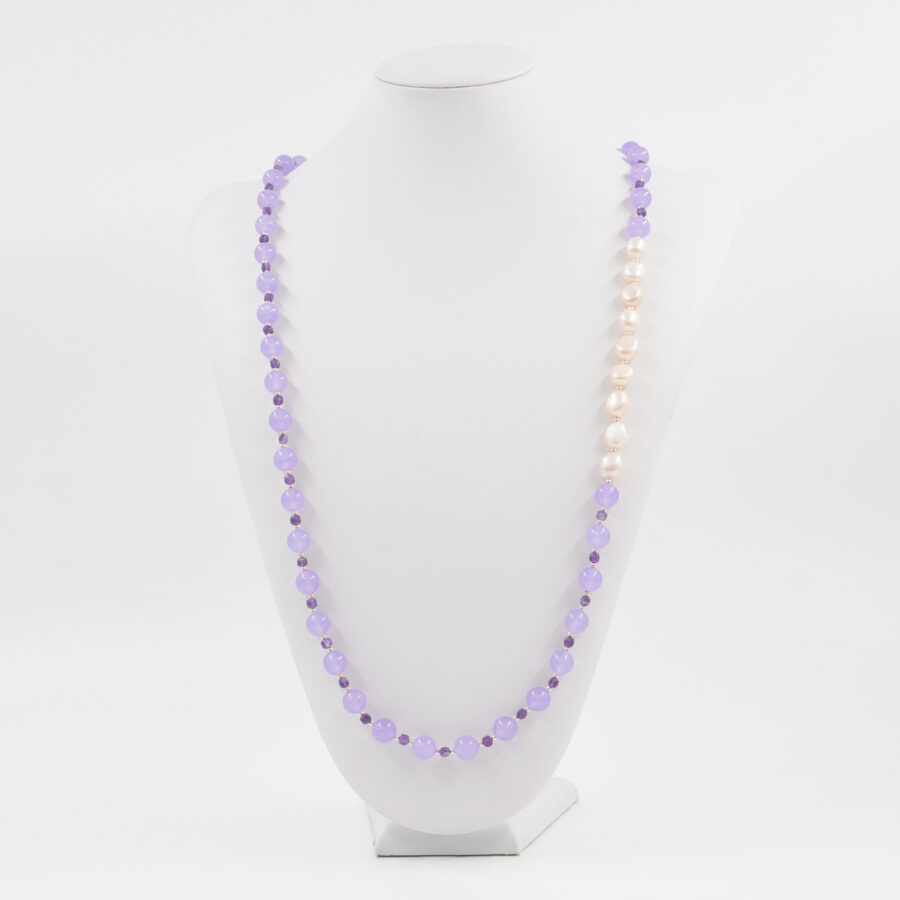Collana con giada tinta viola, ametista, ematite, perla, chiusura in argento 925 - Rosato - immagine 3