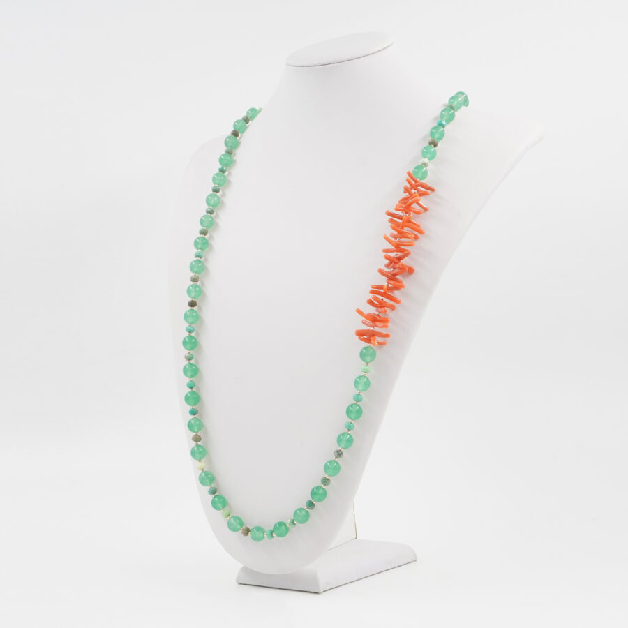 Collana con giada tinta verde, agata green grass, ematite, corallo, chiusura in argento 925 - Rosato - immagine 2