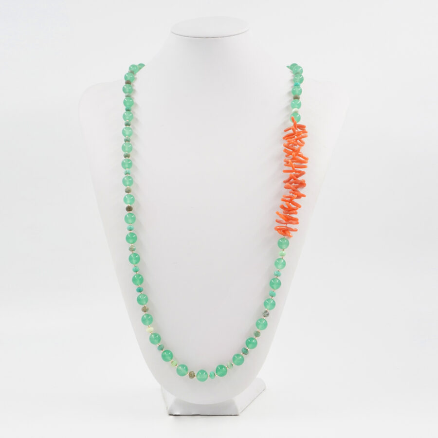 Collana con giada tinta verde, agata green grass, ematite, corallo, chiusura in argento 925 - Rosato - immagine 3