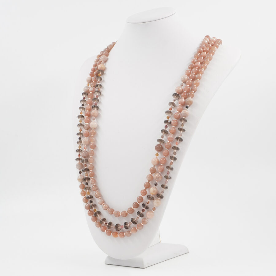 Collana Multifilo con quarzo fumè, pietra del sole, ematite, agata multicolore, chiusura in argento 925 - Rosato - immagine 2