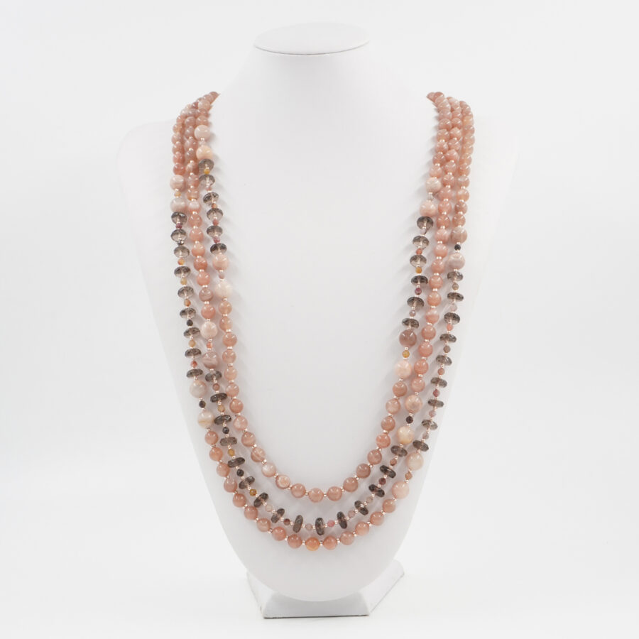 Collana Multifilo con quarzo fumè, pietra del sole, ematite, agata multicolore, chiusura in argento 925 - Rosato - immagine 3
