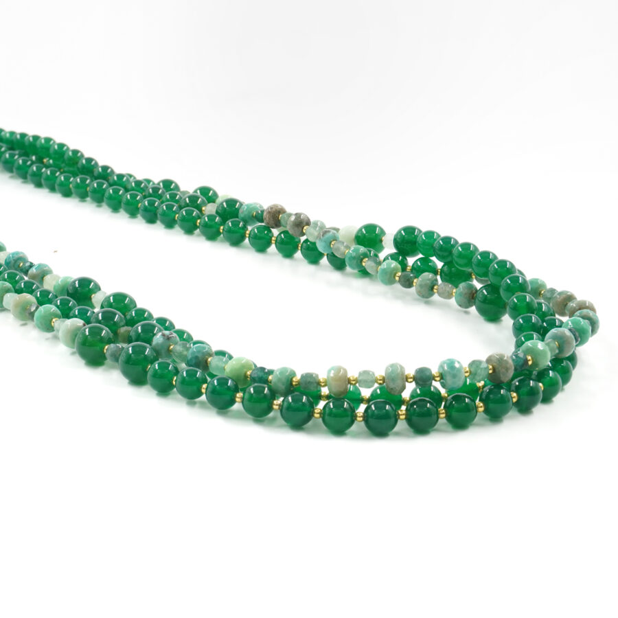 Collana Multifilo con agata green grass, agata verde, ematite, quarzo verde, chiusura in argento 925 - Dorato