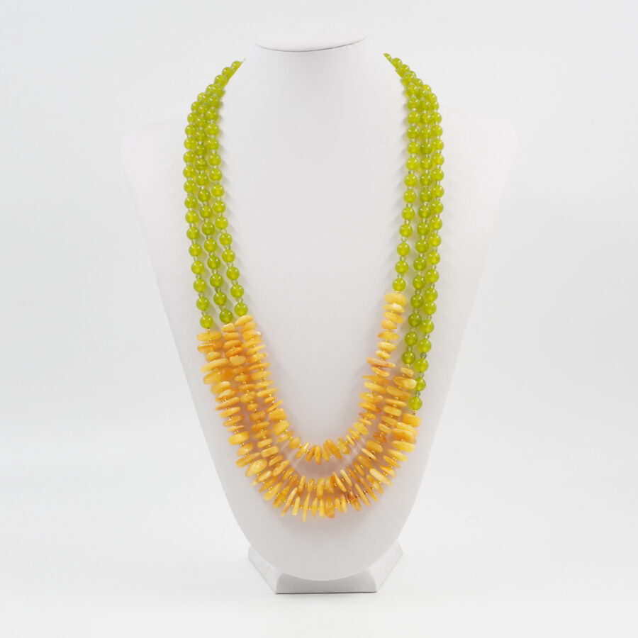 Collana Multifilo con giada tinta verde, ambra gialla, peridoto, ematite, chiusura in argento 925 – Dorato - immagine 2