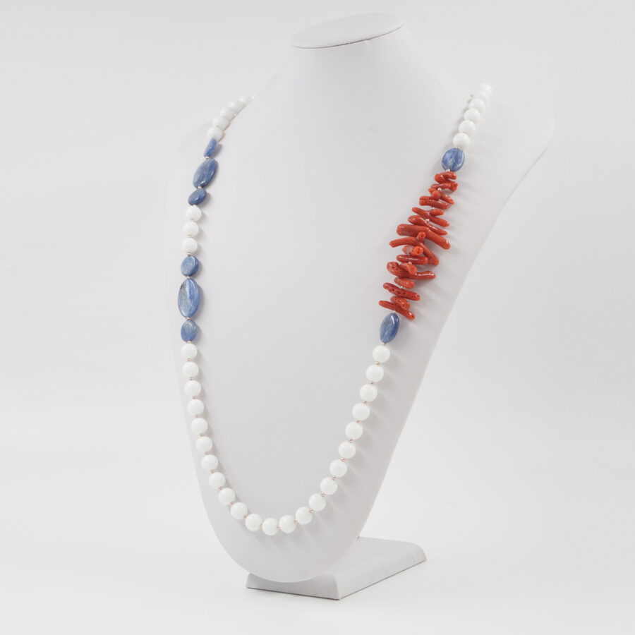 Collana con agata bianca, corallo, cianite, ematite, chiusura in argento 925 – Dorato - immagine 2