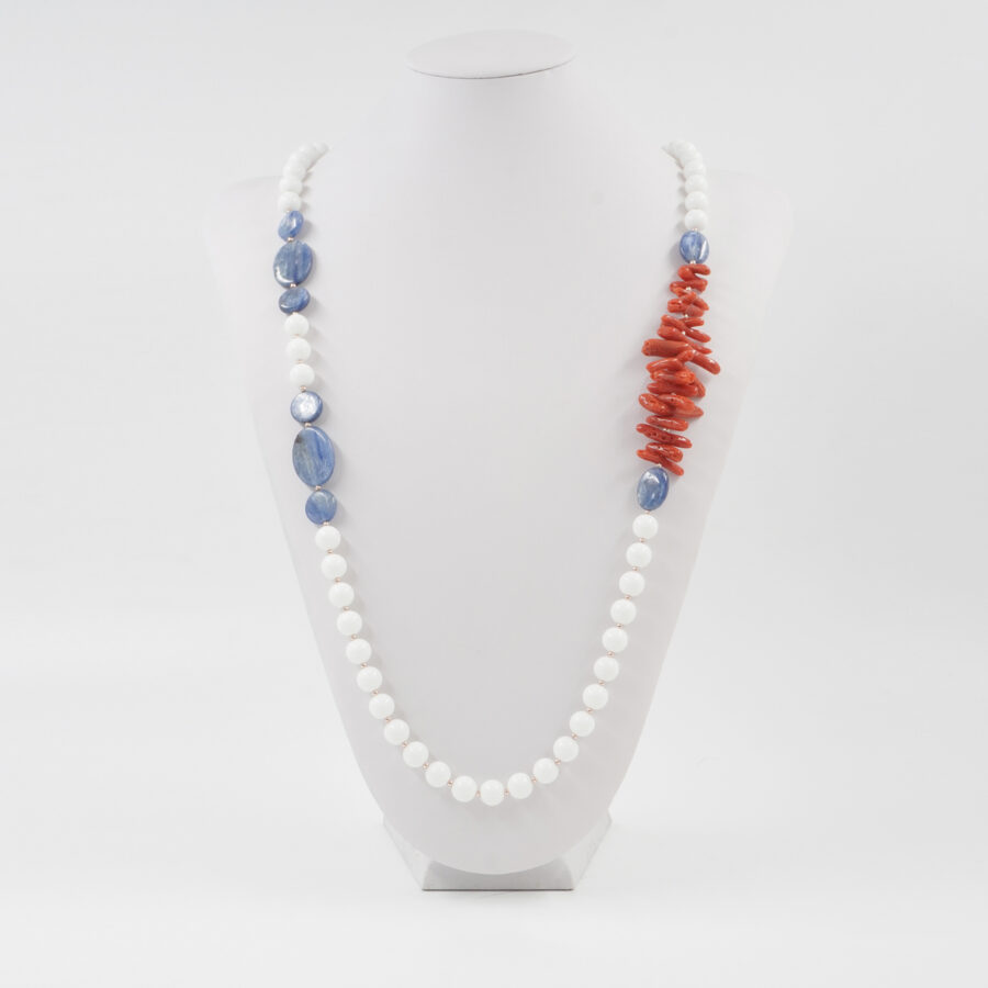 Collana con agata bianca, corallo, cianite, ematite, chiusura in argento 925 – Dorato - immagine 3