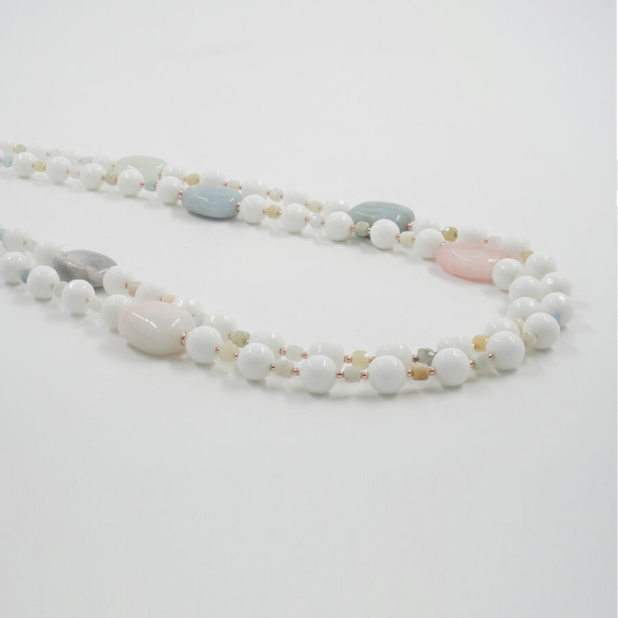 Collana con agata bianca, acquamarina, morganite, ematite, chiusura in argento 925 – Rosato