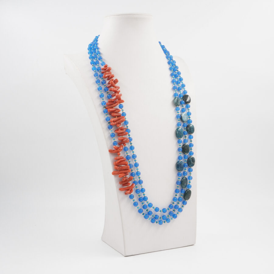 Collana Multifilo con agata blu, corallo, apatite, ematite, chiusura in argento 925 - Dorato - immagine 2