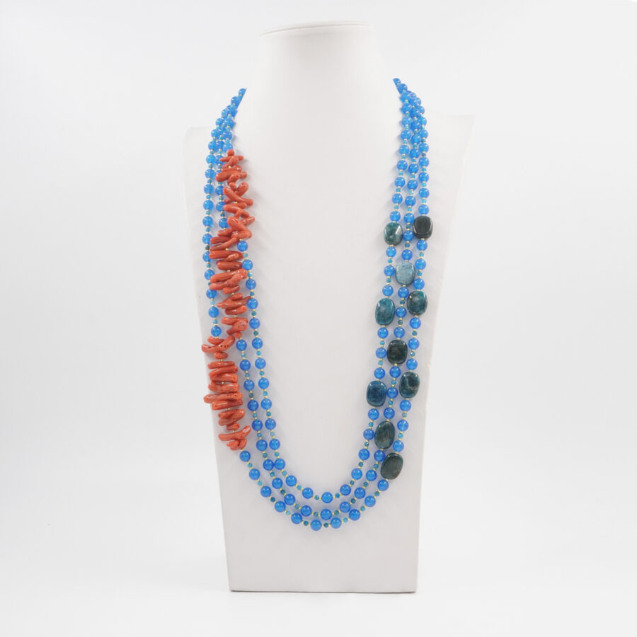 Collana Multifilo con agata blu, corallo, apatite, ematite, chiusura in argento 925 - Dorato - immagine 3