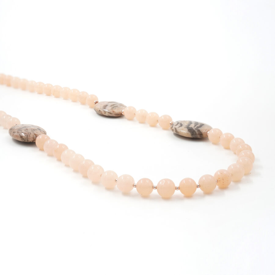Collana con quarzo spugna rosa, diaspro feldpath, ematite, lava, chiusura in argento 925 - Rosato