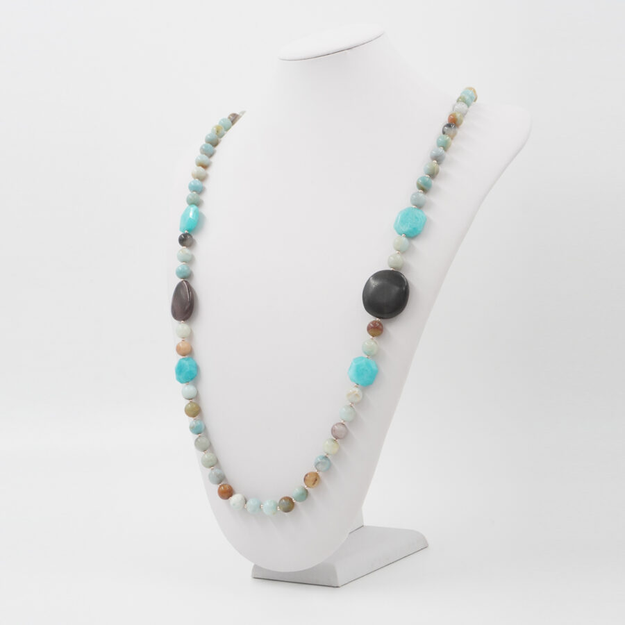 Collana con amazzonite, diaspro messicano, ematite, chiusura in argento 925 - Rosato - immagine 2