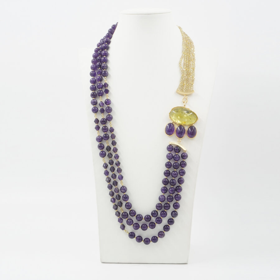 Collana Multifilo con ametista, apatite gialla, ambra, ematite, chiusura in argento 925 – Dorato - immagine 2