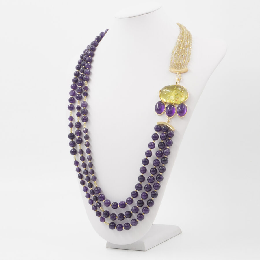 Collana Multifilo con ametista, apatite gialla, ambra, ematite, chiusura in argento 925 – Dorato - immagine 3