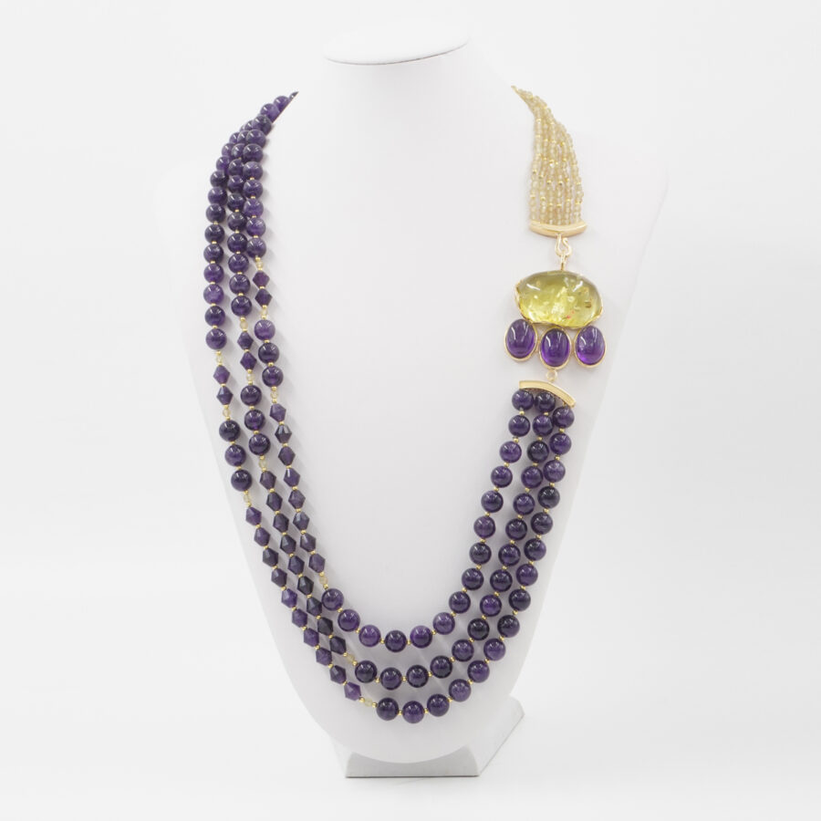 Collana Multifilo con ametista, apatite gialla, ambra, ematite, chiusura in argento 925 – Dorato - immagine 4