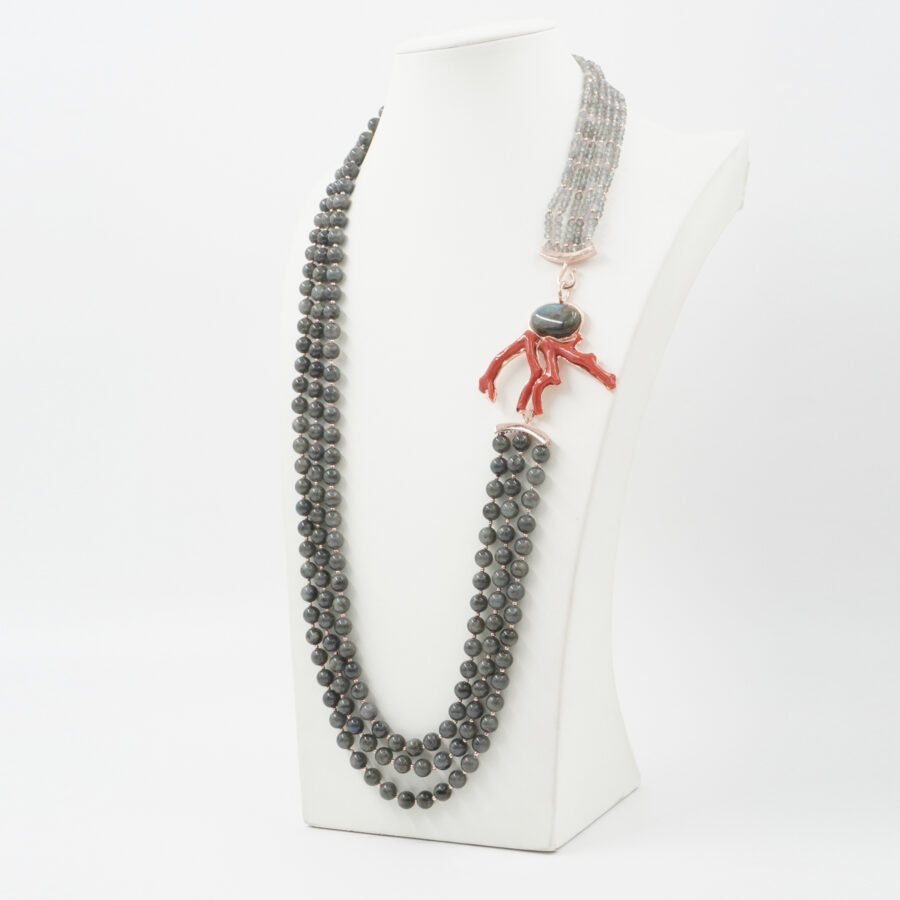 Collana Multifilo con labradorite, ematite, rami di corallo, chiusura in argento 925 - Rosato