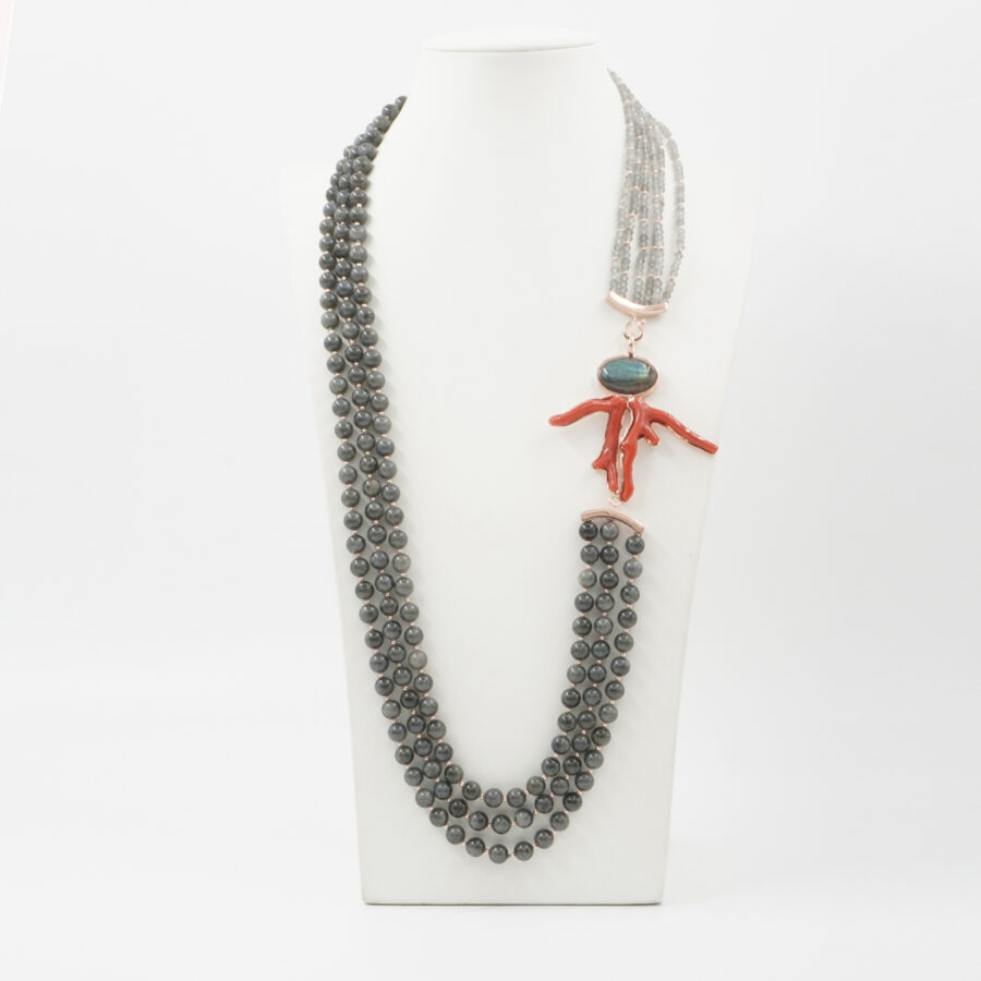 Collana Multifilo con labradorite, ematite, rami di corallo, chiusura in argento 925 - Rosato - immagine 2