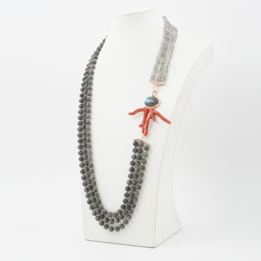 Collana Multifilo con labradorite, ematite, rami di corallo, chiusura in argento 925 - Rosato - immagine 3